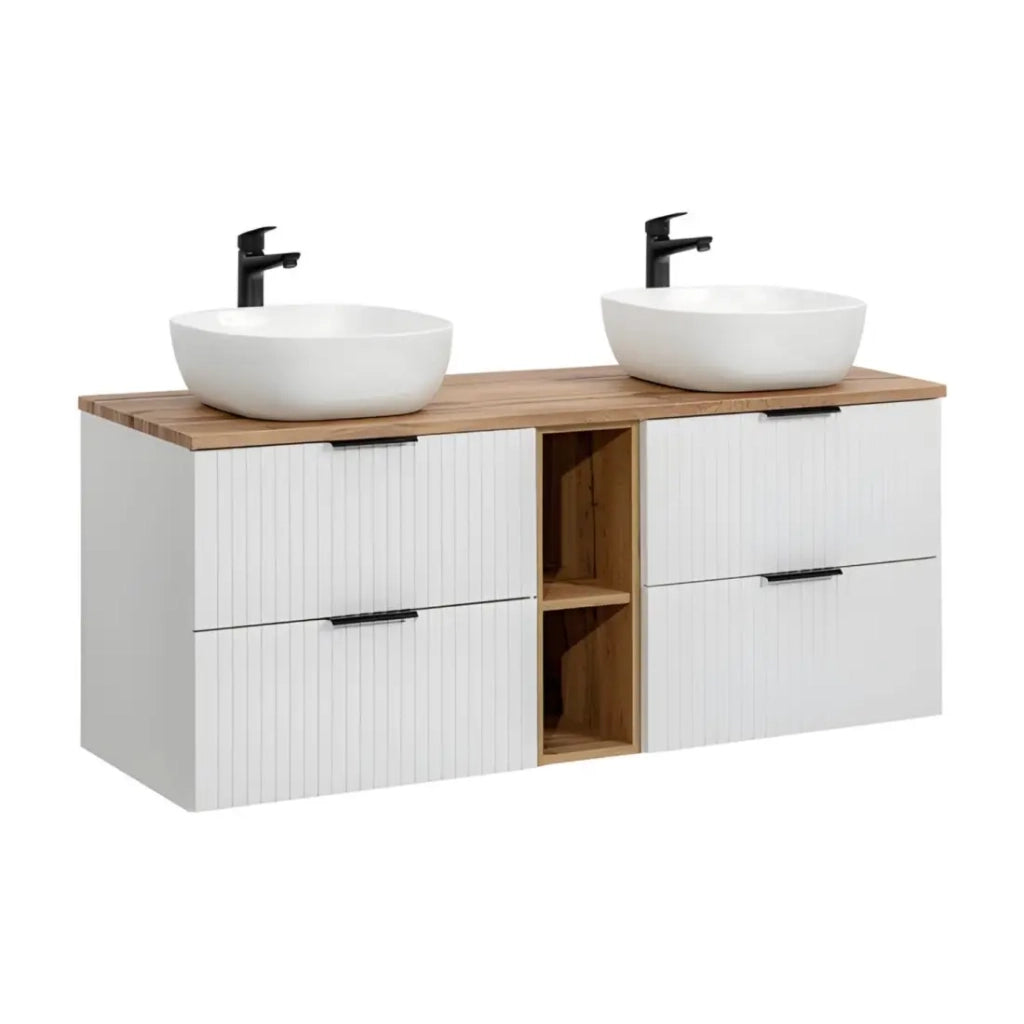 Set da bagno NOXERA 140 cm - Bianco opaco e quercia wotan - 2 lavabi da appoggio e nicchie aperte