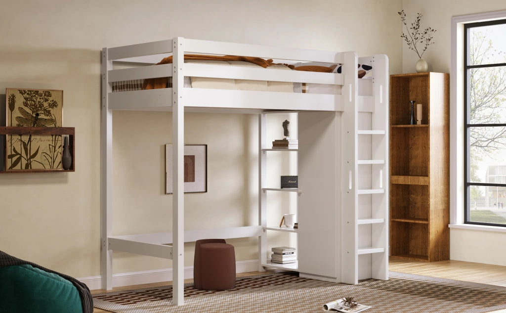 Letto a castello 90 x 200 cm con armadio e 6 ripiani, bianco, senza materasso