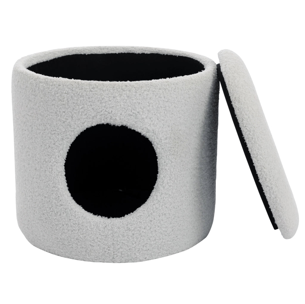 Poltroncina girevole 360° con contenitore in tessuto Teddy bianco e sgabello cuccia per gatto HOMVRA