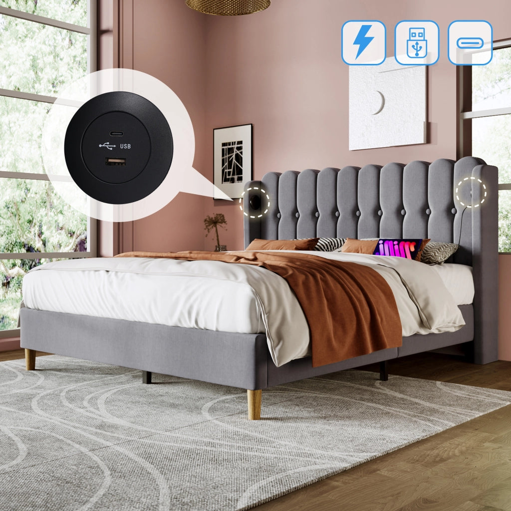 OKWISH Letto Matrimoniale 140×200 cm con USB, Tipo C e Testiera a Pannelli, senza Materasso, in Lino, Grigio