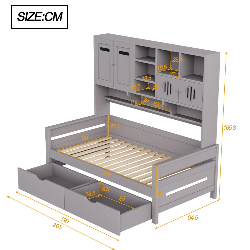 Letto con cassetti 90 × 200 cm con vano multifunzione e rete a 15 doghe in legno di pino grigio