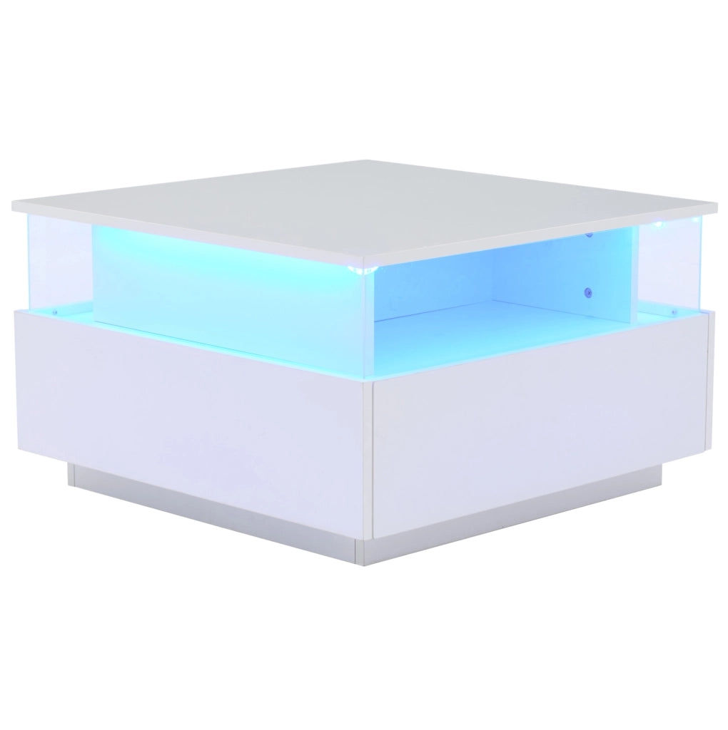 Tavolino da caff¨¨ 70x70x41 cm con LED, 2 cassetti in truciolare bianco