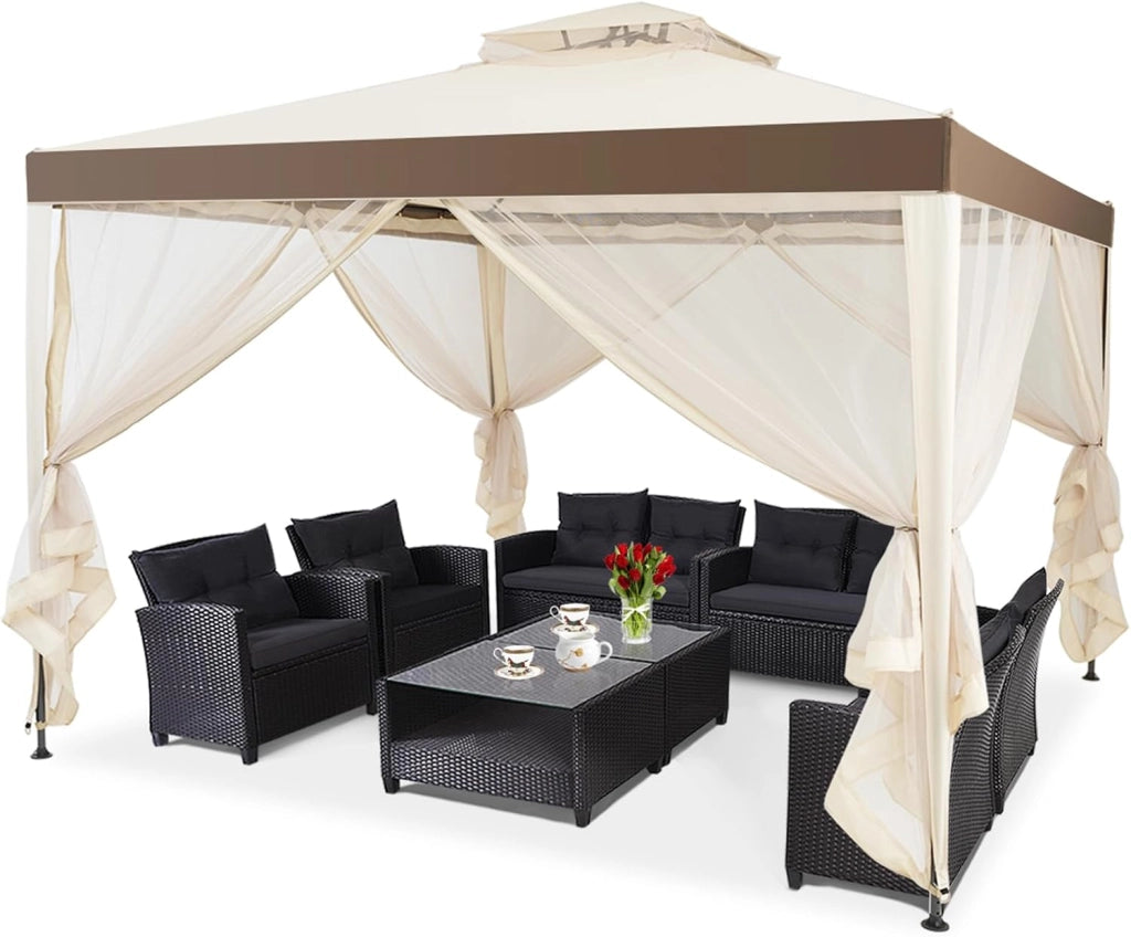 Gazebo da Giardino con Zanzariera 3 x 3 m, Struttura in Acciaio e 4 Tendine Poliestere Laterali (Beige)