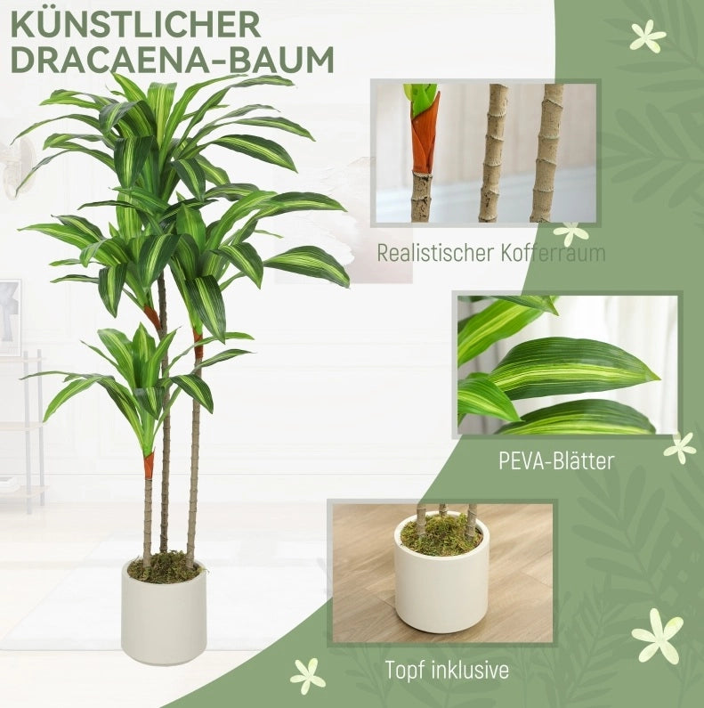 Pianta artificiale Dracaena 120 cm con vaso bianco