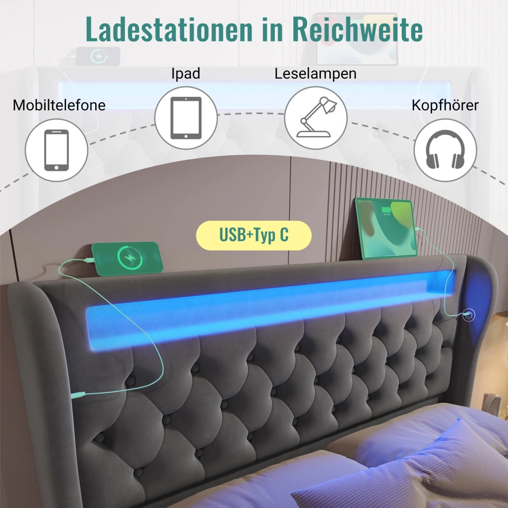 Letto con contenitore 160 × 200 cm idraulico con LED; USB e Type-C; testiera contenitore in velluto grigio