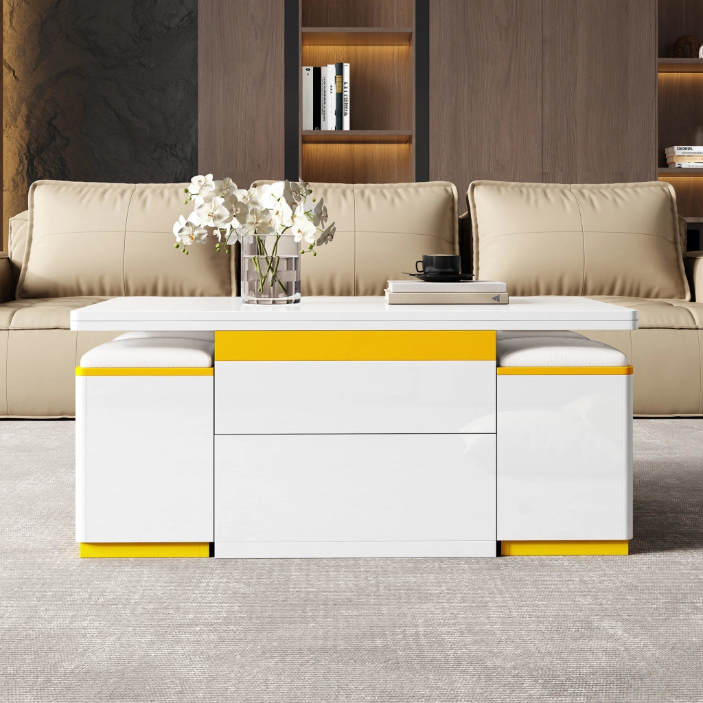 Tavolino trasformabile bianco e giallo con 4 sgabelli contenitore, 100 x 50 cm