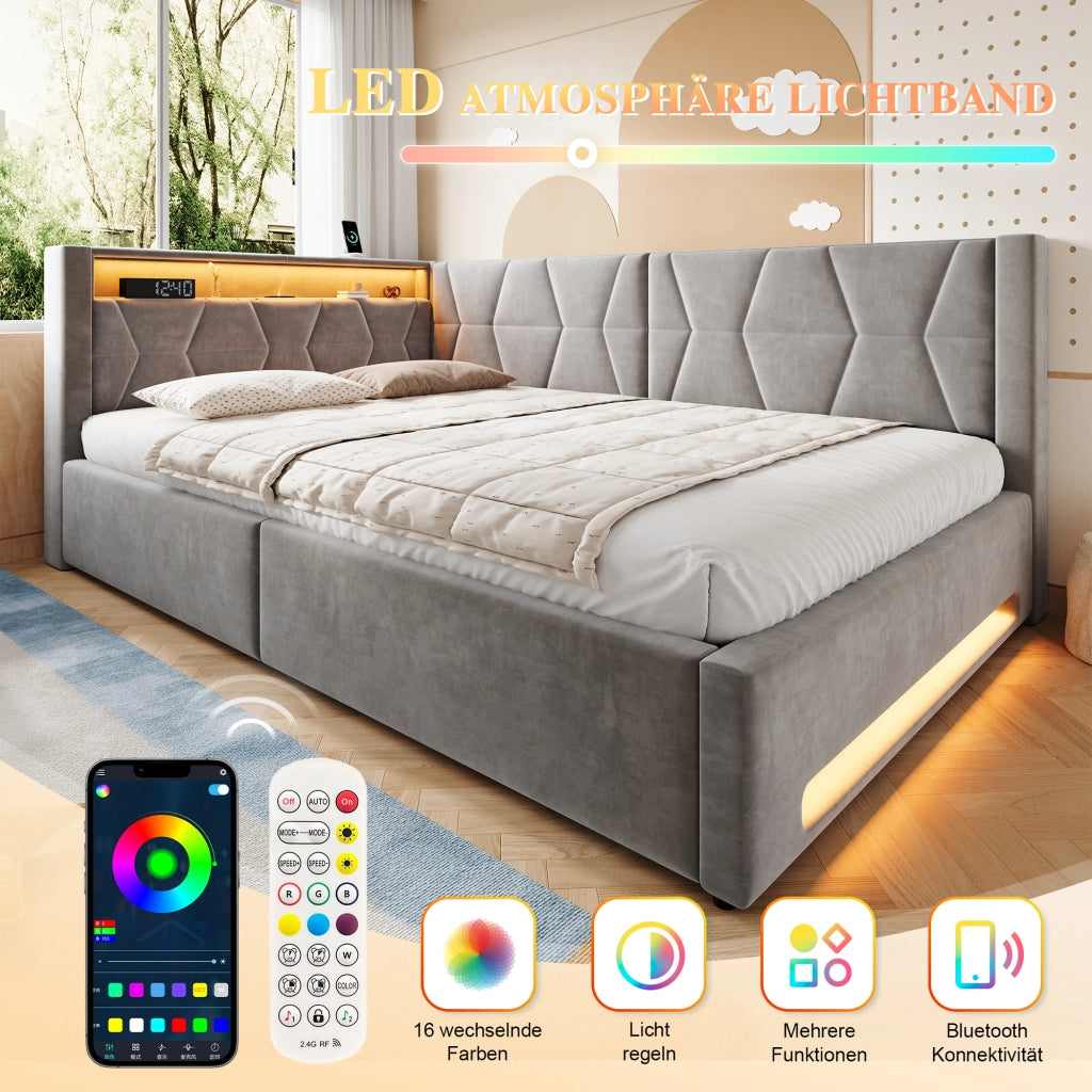 Letto contenitore imbottito 140x200 cm con LED; USB e Type-C; rete a doghe; velluto grigio scuro