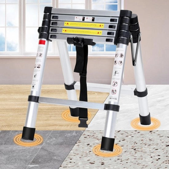 Scala Telescopica in Alluminio con Barra di Equilibrio - 1,4m + 1,7m - Finestra in Acciaio Inox con Finestra Zinata