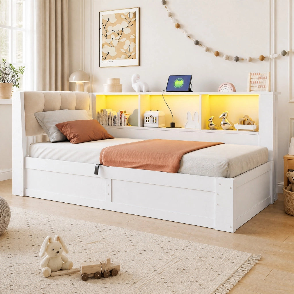Letto singolo 90 × 200 cm con contenitore idraulico; LED regolabile; ripiano e USB; senza materasso; bianco