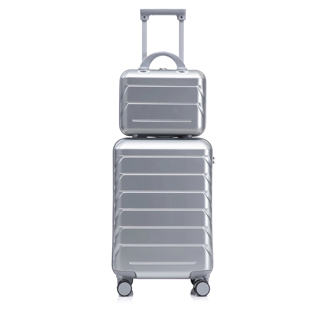 Set Valigie Rigide ABS con Spinner da 14" e 19" con Trolley e Porta Cosmetici Argento