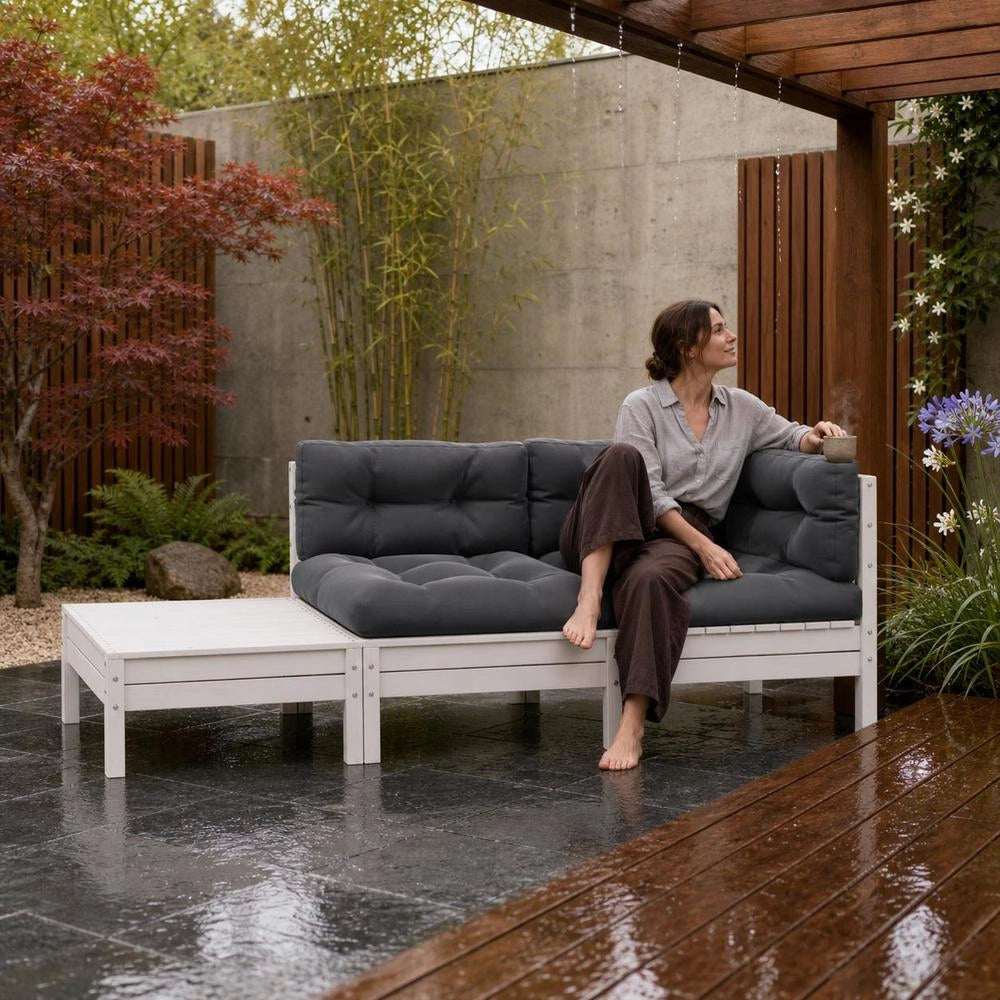 3-piece Garden Lounge Set With Cushions, White, Solid Pine Wood