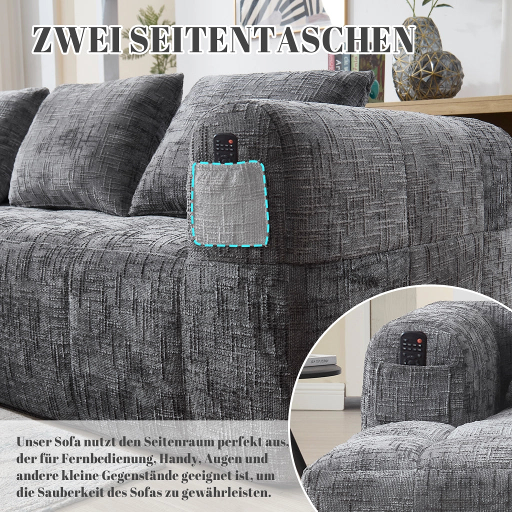 Divano Angolare 3 Posti con Chaise Longue e Tasche Laterali; Ciniglia; Grigio; 250 × 158 × 60 cm
