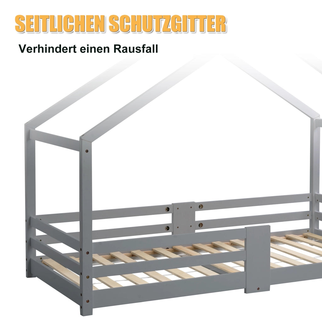 Letto a casetta 90 × 200 cm con protezione anticaduta e 15 doghe in legno grigio senza materasso