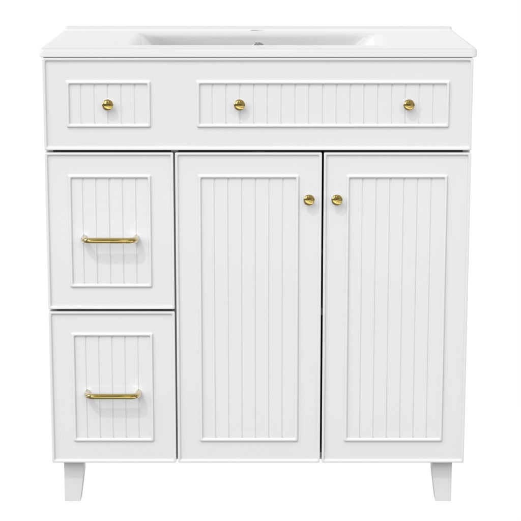 Mobile Bagno a Terra 81;7 cm con Lavabo in Ceramica; Cassetti e Anta; MDF; Bianco