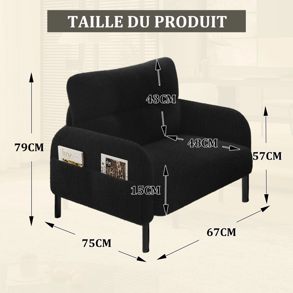 Poltrona singola 67x75x79 cm in tessuto a coste nero con tasca laterale