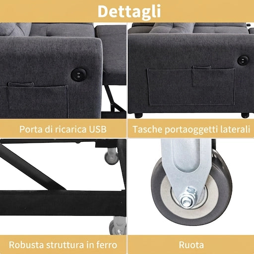 Divano letto 3 in 1 a 2 posti 142 cm con schienale reclinabile e porte USB integrate; tessuto effetto lino; grigio
