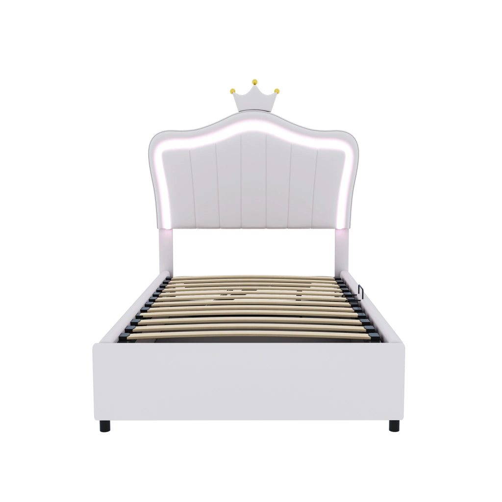 Letto contenitore 90 × 200 cm con LED testiera regolabile in similpelle bianca e rosa