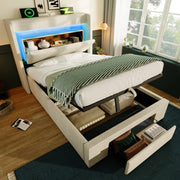 Letto Contenitore Singolo Imbottito 90x200 cm con Sollevamento Idraulico; LED; USB; USB-C; Beige