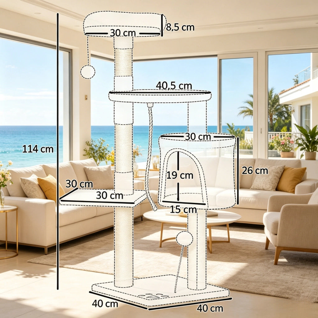 Albero tiragraffi beige a 4 livelli con cuccia e amaca
