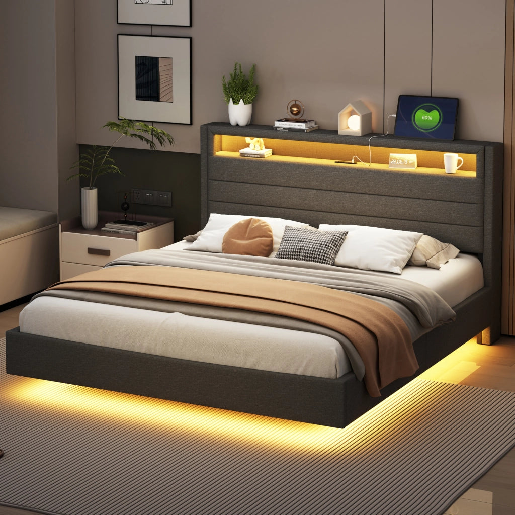 DESMIU Lit adulte 160 × 200 cm con USB, LED, testiera reversibile e piedi nascosti, senza materasso, grigio