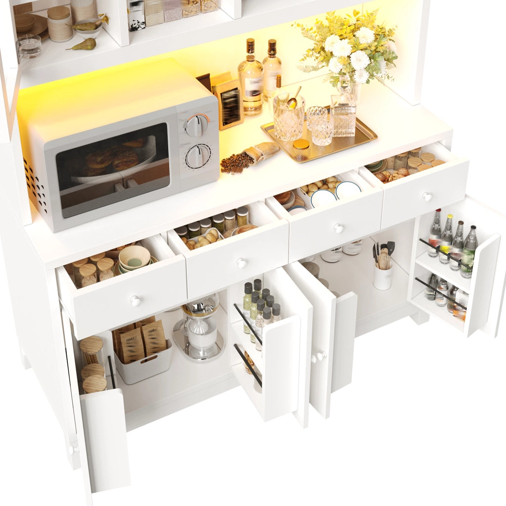 Credenza alta da cucina 140x38,5x180 cm con LED RGB, vetrina e 4 cassetti bianca HAVRYA