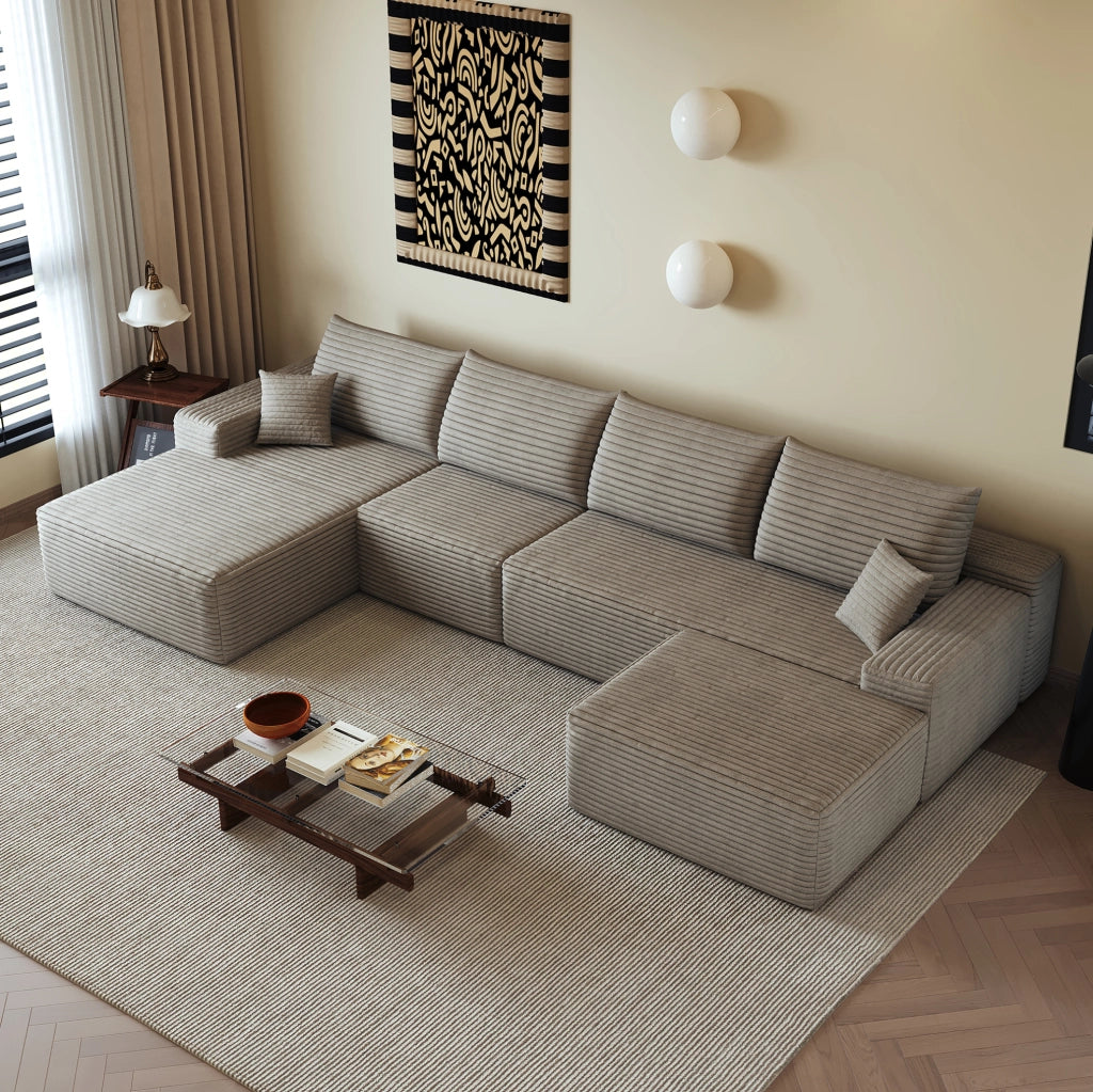 Divano 340x175x83 cm in tessuto a coste color cammello con schiuma elastica