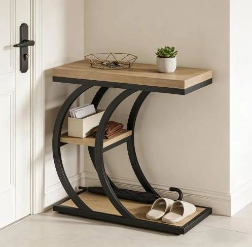 Tavolino laterale a C a 3 ripiani in metallo e legno Nero/Marrone; 60 x 30 x 58 cm