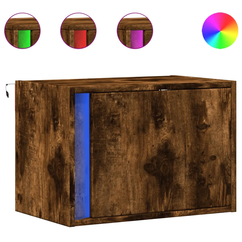 Comodino | Armadio da Notte | Mobiletto da notte a Parete con luci LED Rovere Fumo