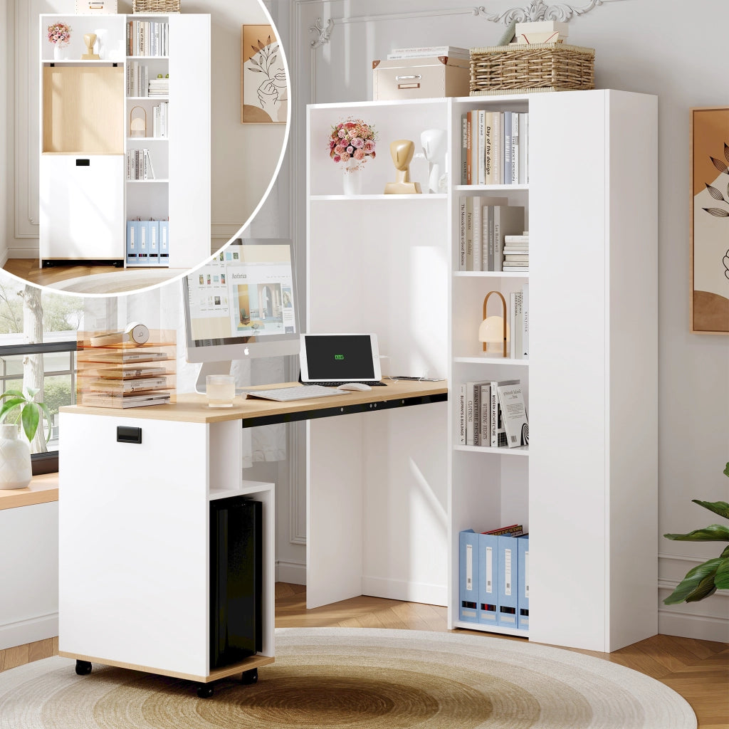 Scrivania dritta pieghevole 2 in 1 con libreria presa UE porte USB ripiani regolabili MDF bianco rovere