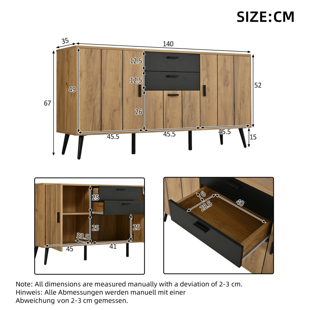 Credenza sideboard 140x35x67 cm con 2 cassetti e 3 ante nero e legno HAVRYA