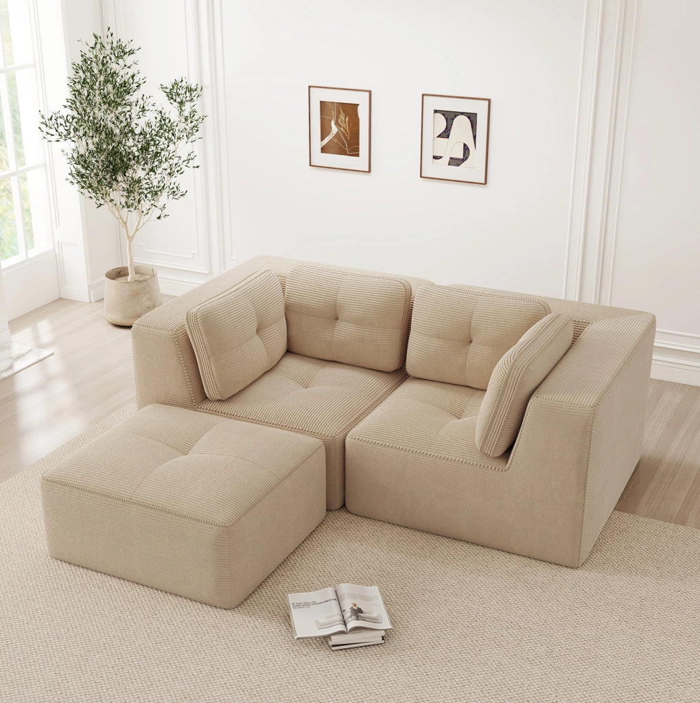 Divano angolare modulare beige in velluto a coste; configurabile