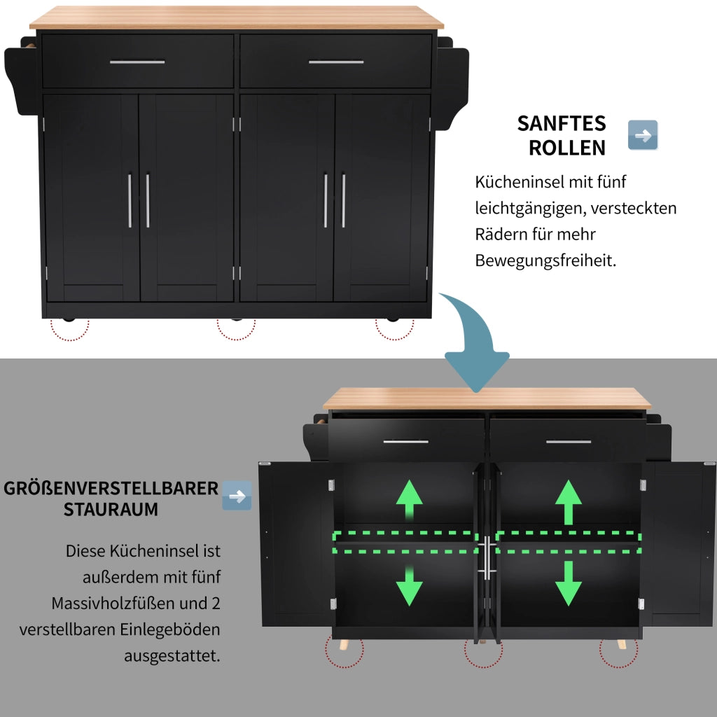 Carrello da cucina con piano pieghevole, 4 ante e 2 cassetti, ruote, per cucina e sala da pranzo, 120 × 46 × 91.5 cm