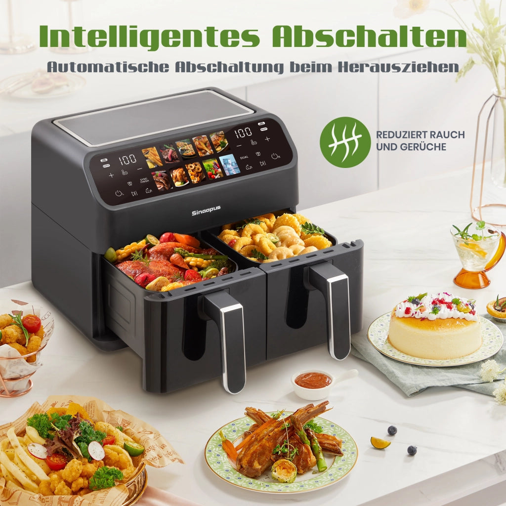 Friggitrice ad aria a doppio cestello 9 l 2000 W con display LED touch temperatura 80–200 °C e timer 60 min nera