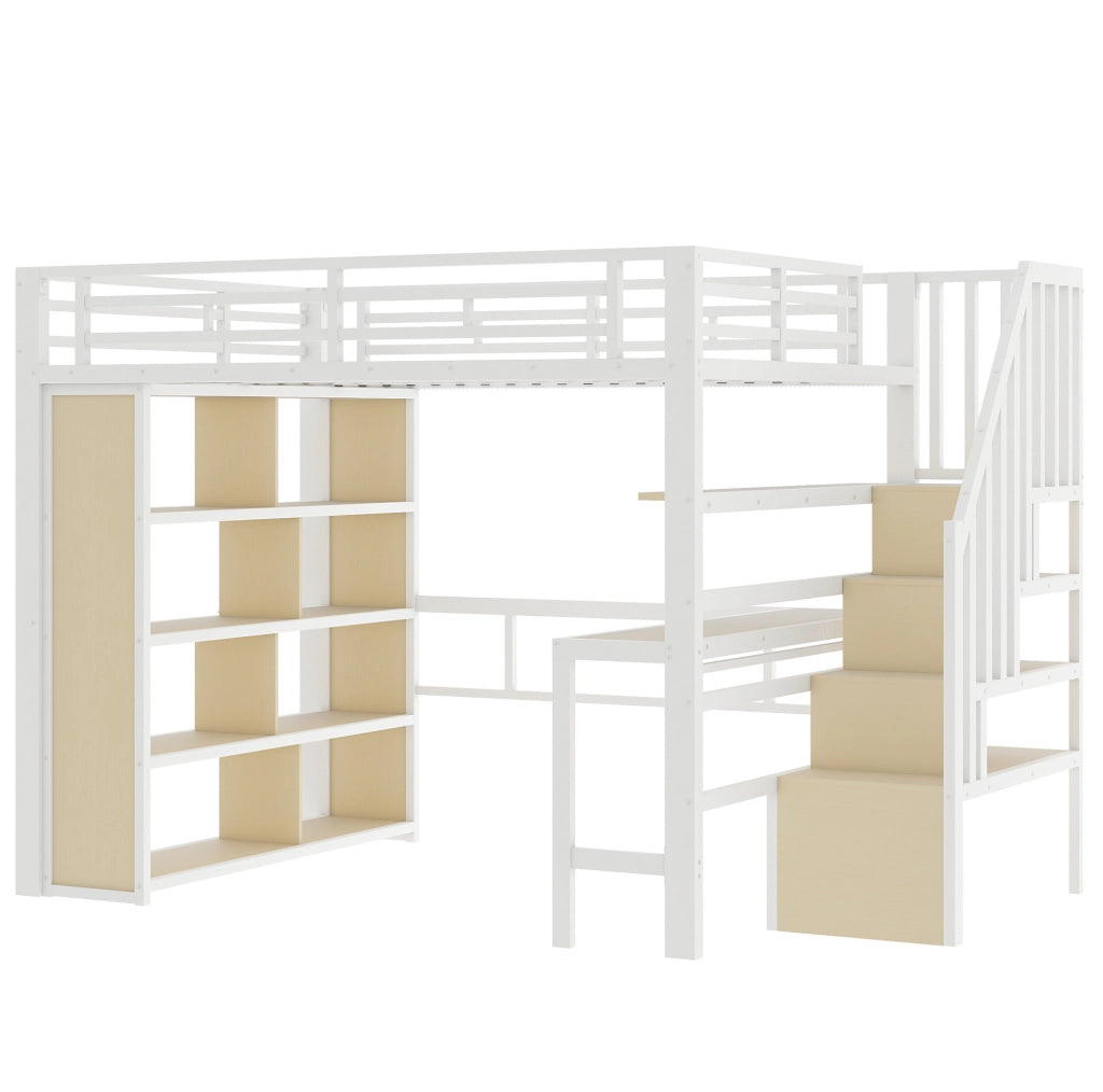 Letto a soppalco 140x200 cm con scrivania; scaffali; scala contenitore e LED bianco HOMVRA