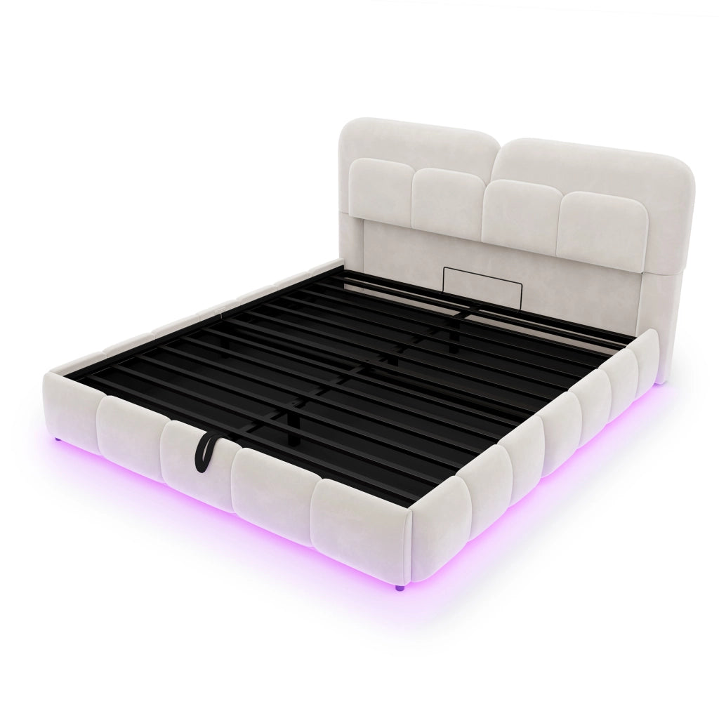 Letto imbottito con contenitore idraulico e LED, beige