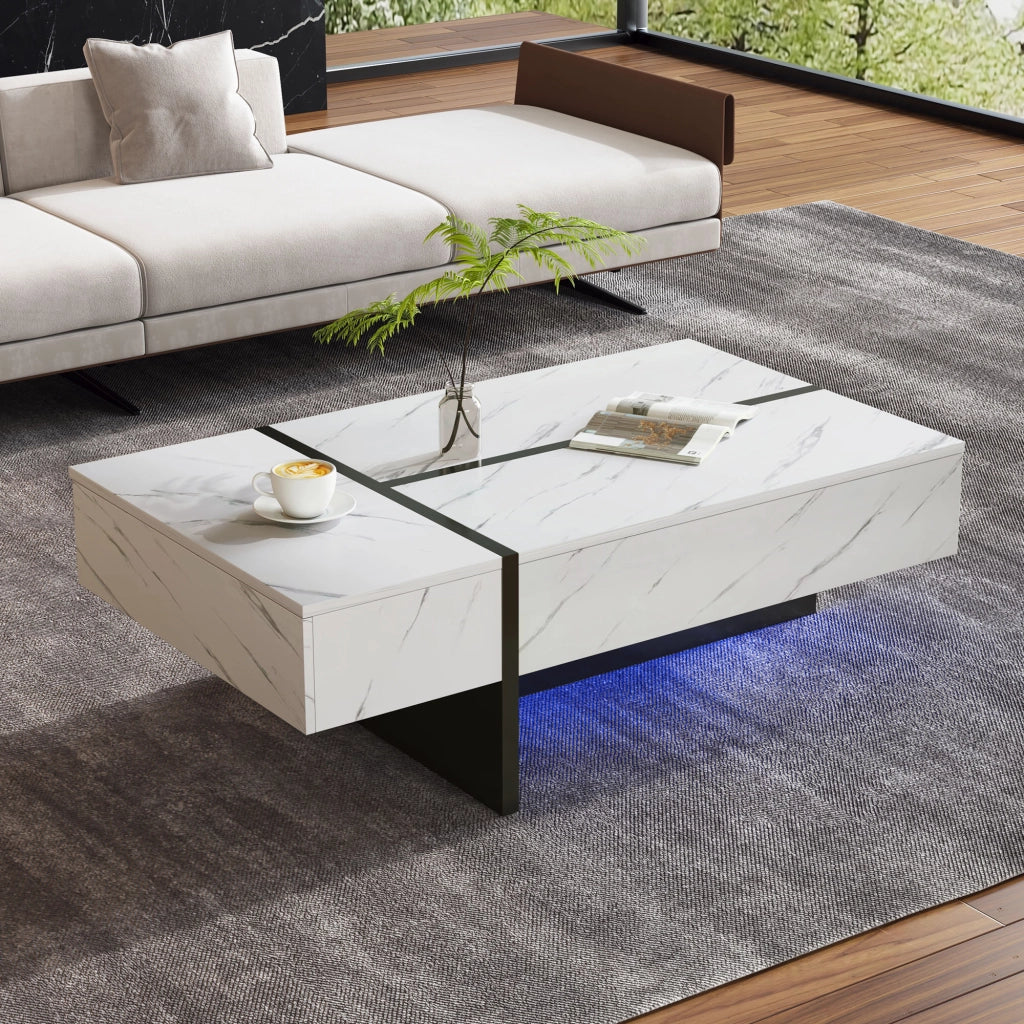 Tavolino da salotto bianco lucido con LED; 3 cassetti; 105x60x35 cm