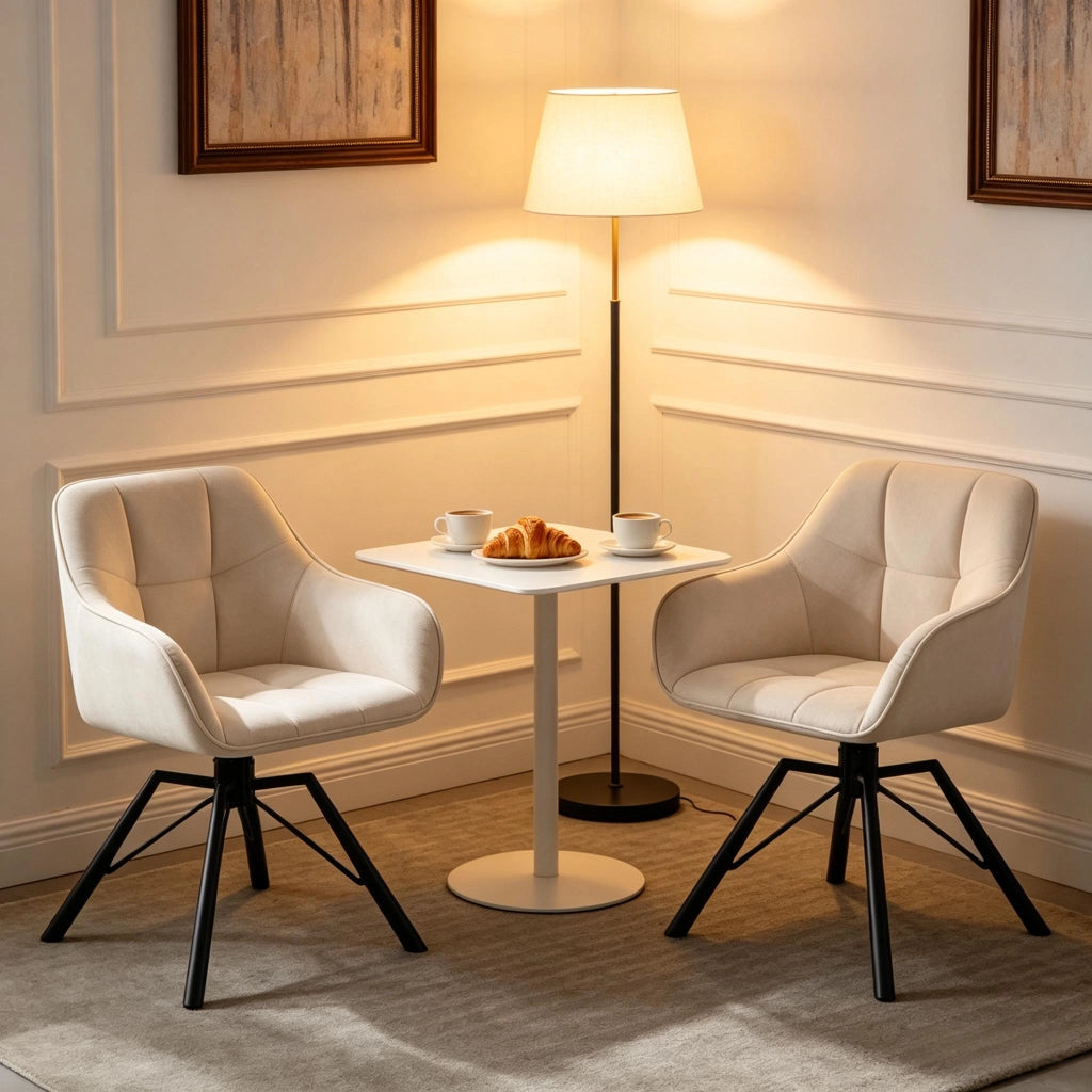 Sedia da Pranzo Girevole Set da 2 con Seduta Ampia, Braccioli e Schienale, in Velluto Bianco Crema