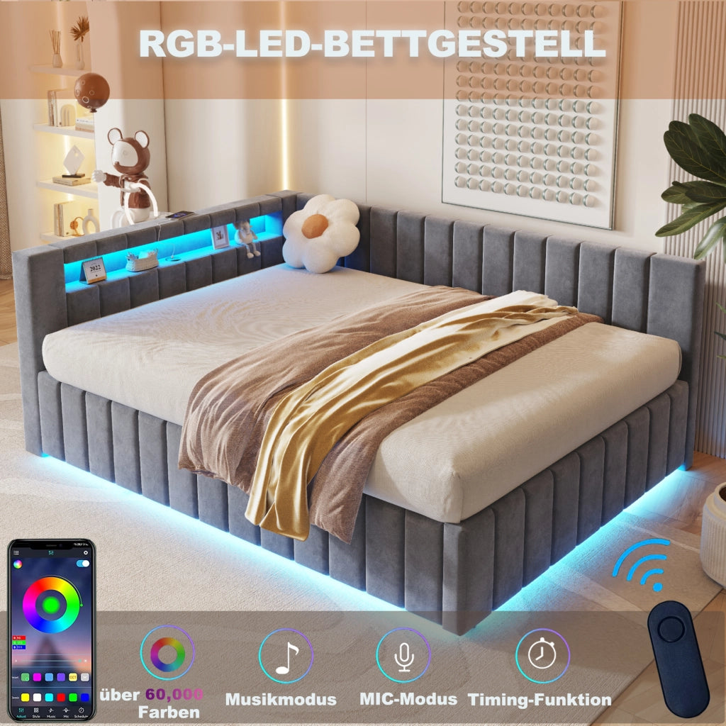 Letto matrimoniale imbottito 140 × 200 cm con contenitore idraulico; LED; USB; testiera e schienale in velluto grigio