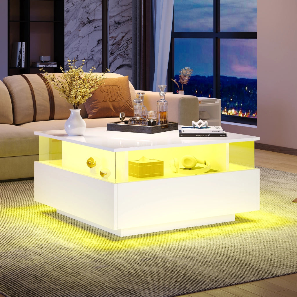 Tavolino da salotto moderno con LED; tavolino da caffe 70x70x41 cm assemblabile bianco lucido
