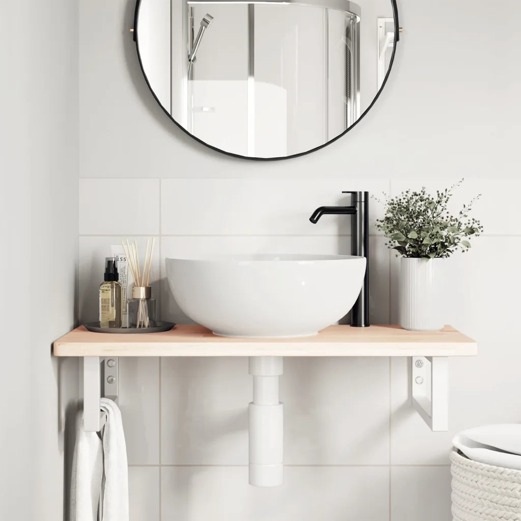 Ripiano a Parete per Lavabo in Acciaio e Massello di Rovere