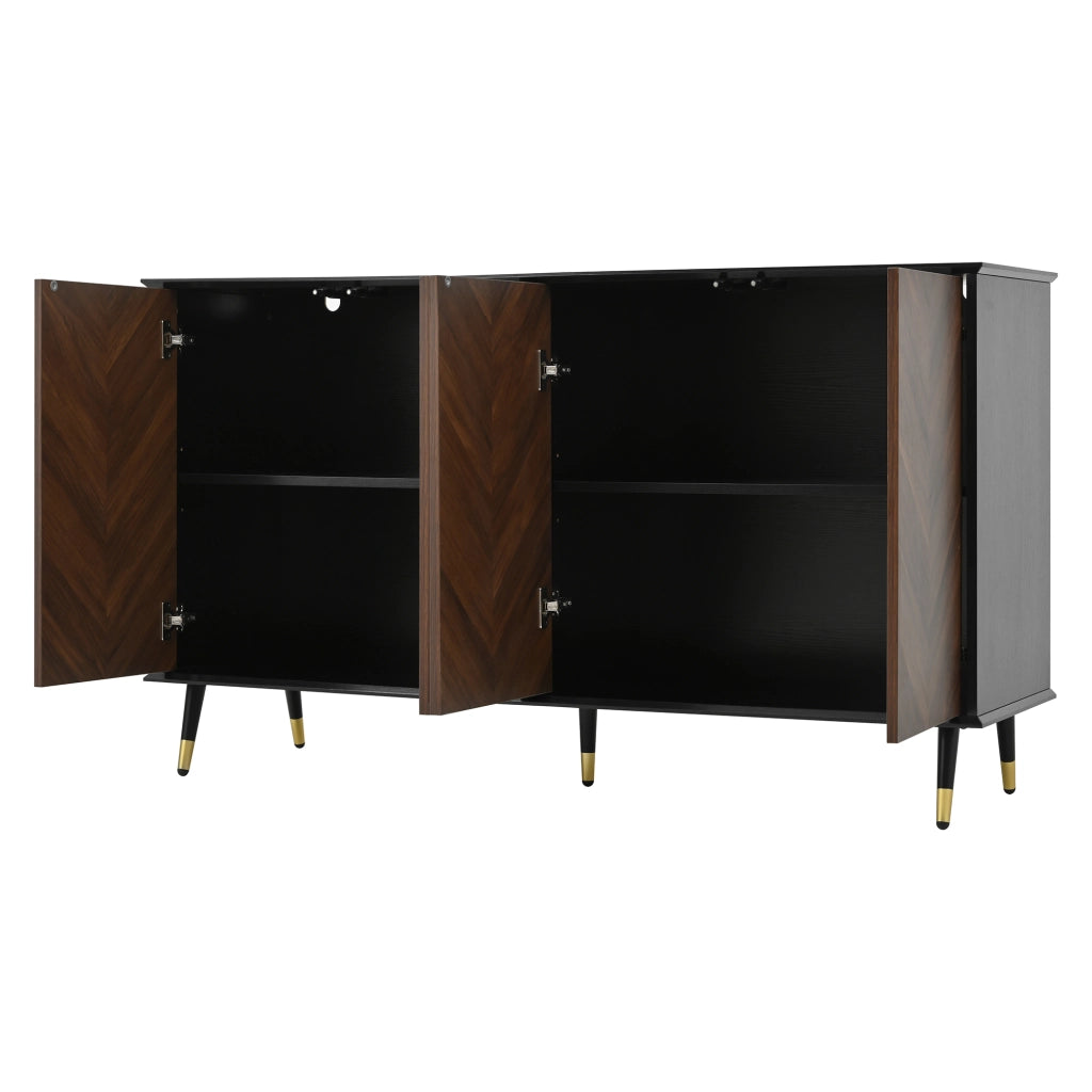 Credenza e madia con 4 ante, ripiani regolabili e chiusura ammortizzata, in MDF nero e marrone, 140 × 40 × 80 cm