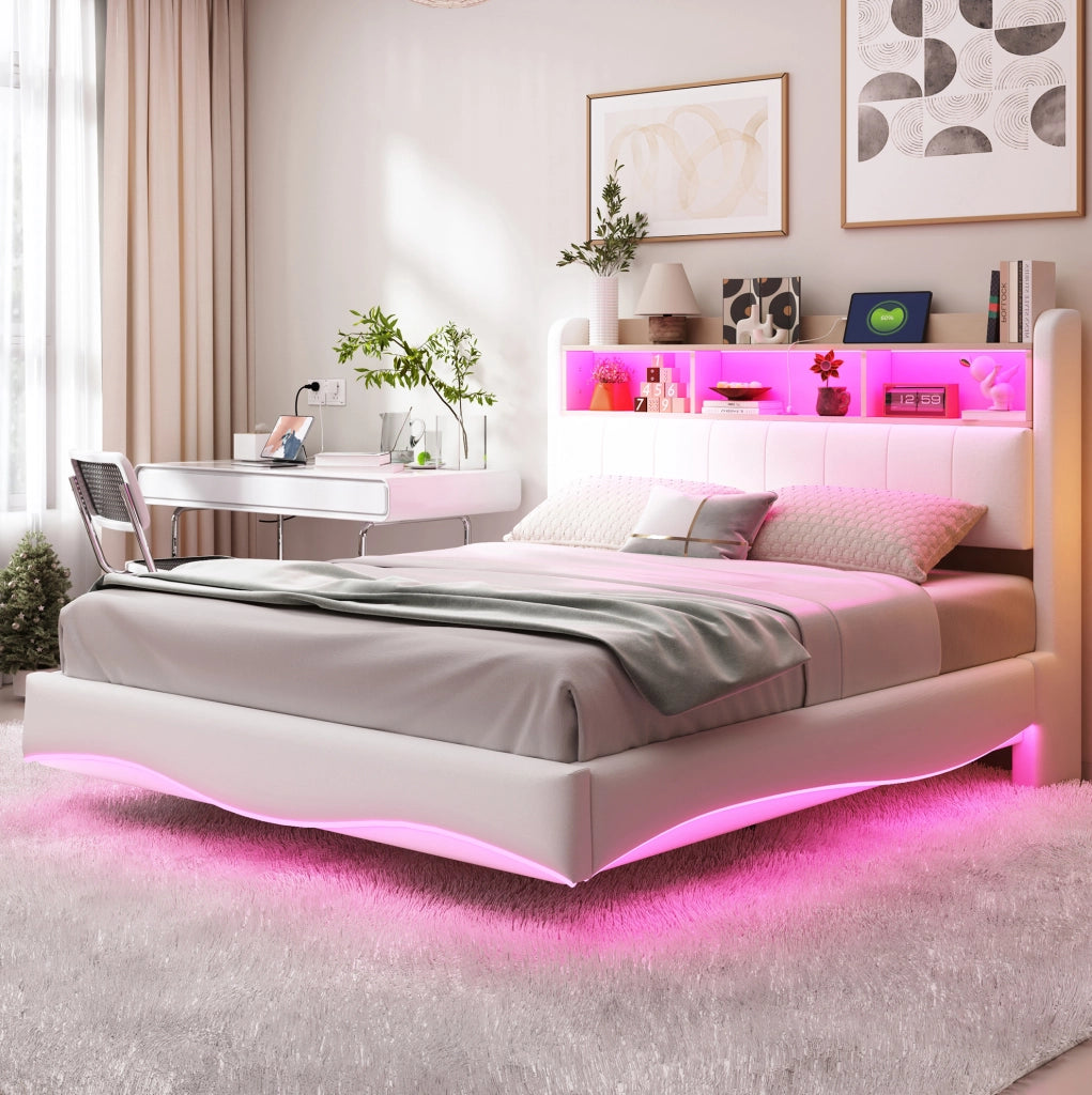 Letto imbottito sospeso 140x200 cm in tessuto di lino beige con luci LED, porte USB e Type-C, contenitore integrato