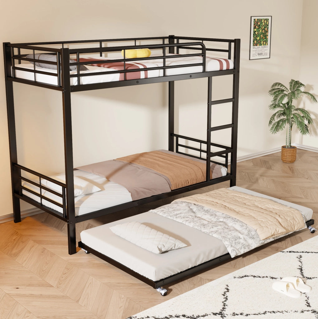 Letto a castello in metallo con letto estraibile; 90x200 cm e 90x190 cm; nero