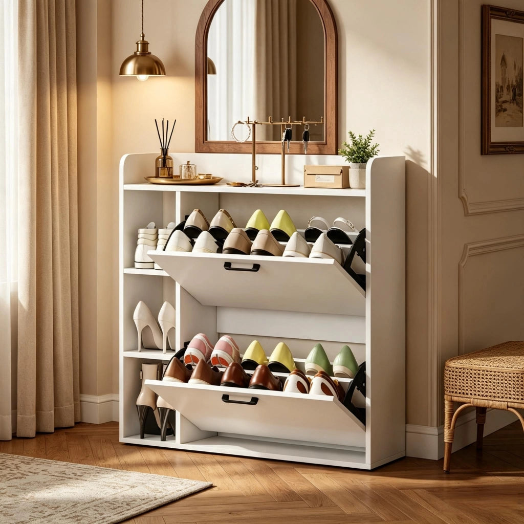 Scarpiera con 2 vani ribaltabili e 3 scomparti laterali in pannello truciolare bianco per 15 paia 83 × 24 × 90.5 cm
