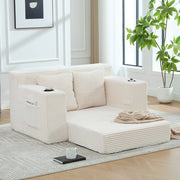 Pouf sofa in velluto a coste beige con 2 cuscini e tasche laterali; 151x133x64 cm
