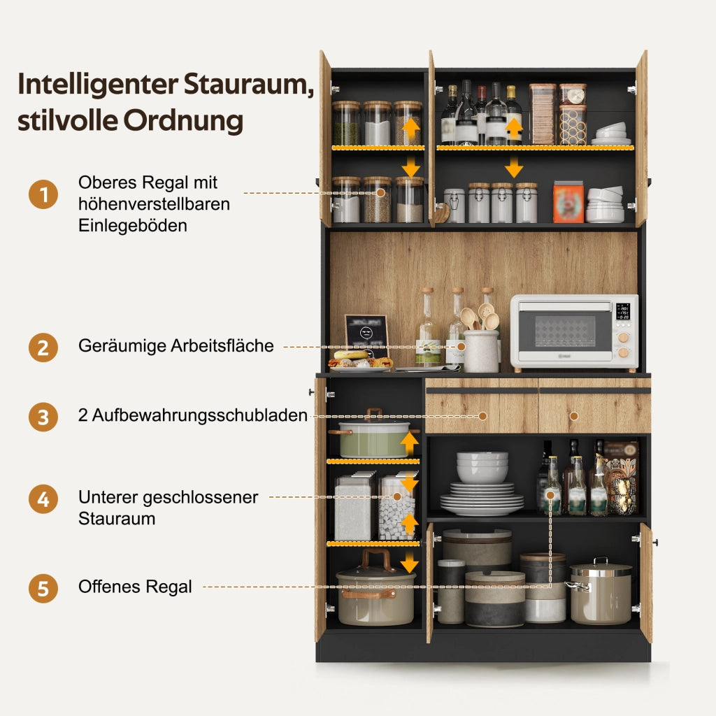 Mobile colonna da cucina con LED RGB; 2 cassetti e ripiani regolabili in MDF naturale e nero 100 × 40 × 180 cm