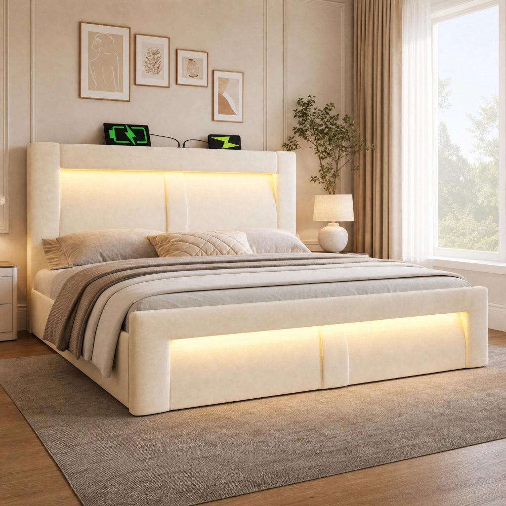 Letto matrimoniale contenitore 140x200 cm in velluto beige con LED e ricarica USB-C HOMVRA