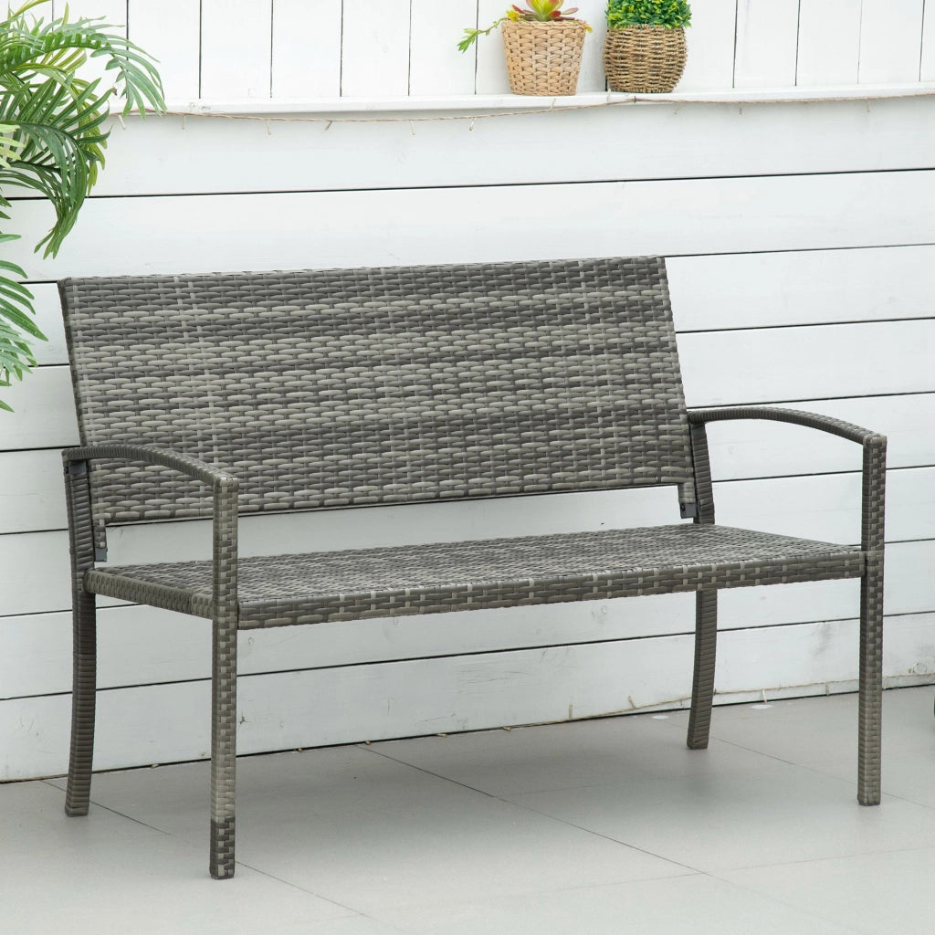 Panca da giardino a 2 posti in acciaio grigio con schienale in polyrattan 119 × 13 × 57 cm
