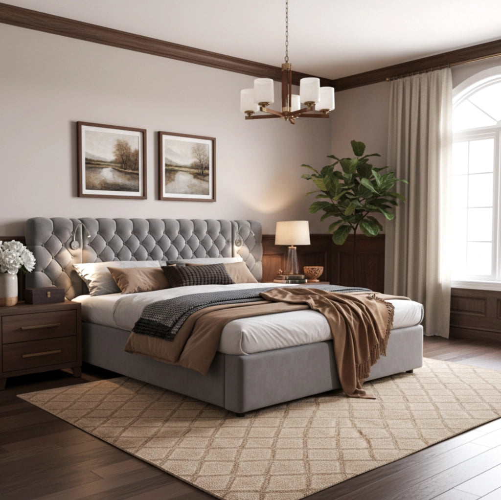 Letto 160x200 cm con contenitore idraulico, luce da lettura e rivestimento in velluto grigio