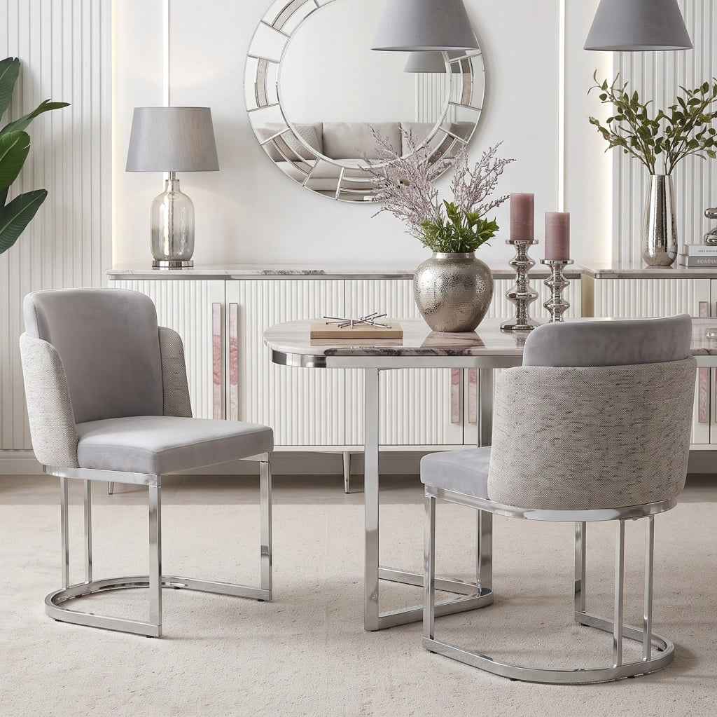 Set da 6 sedie da pranzo moderne con gambe in metallo galvanizzato argento e rivestimento in tessuto Chenille grigio chiaro